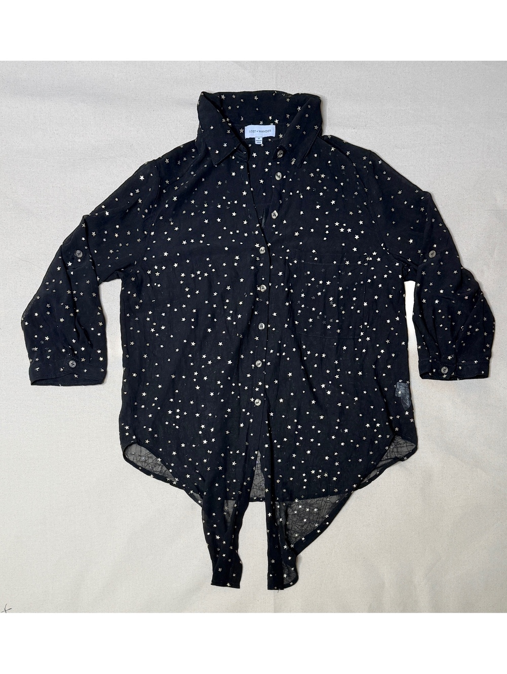 Lost + Wander Black Gold Star Tie Front Button Up Blouse Medium Sheer Shirt